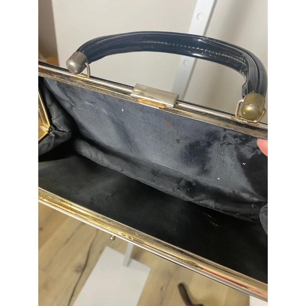Vintage Black Patent Leather Top Handle Handbag Doctor Bag Mid Century